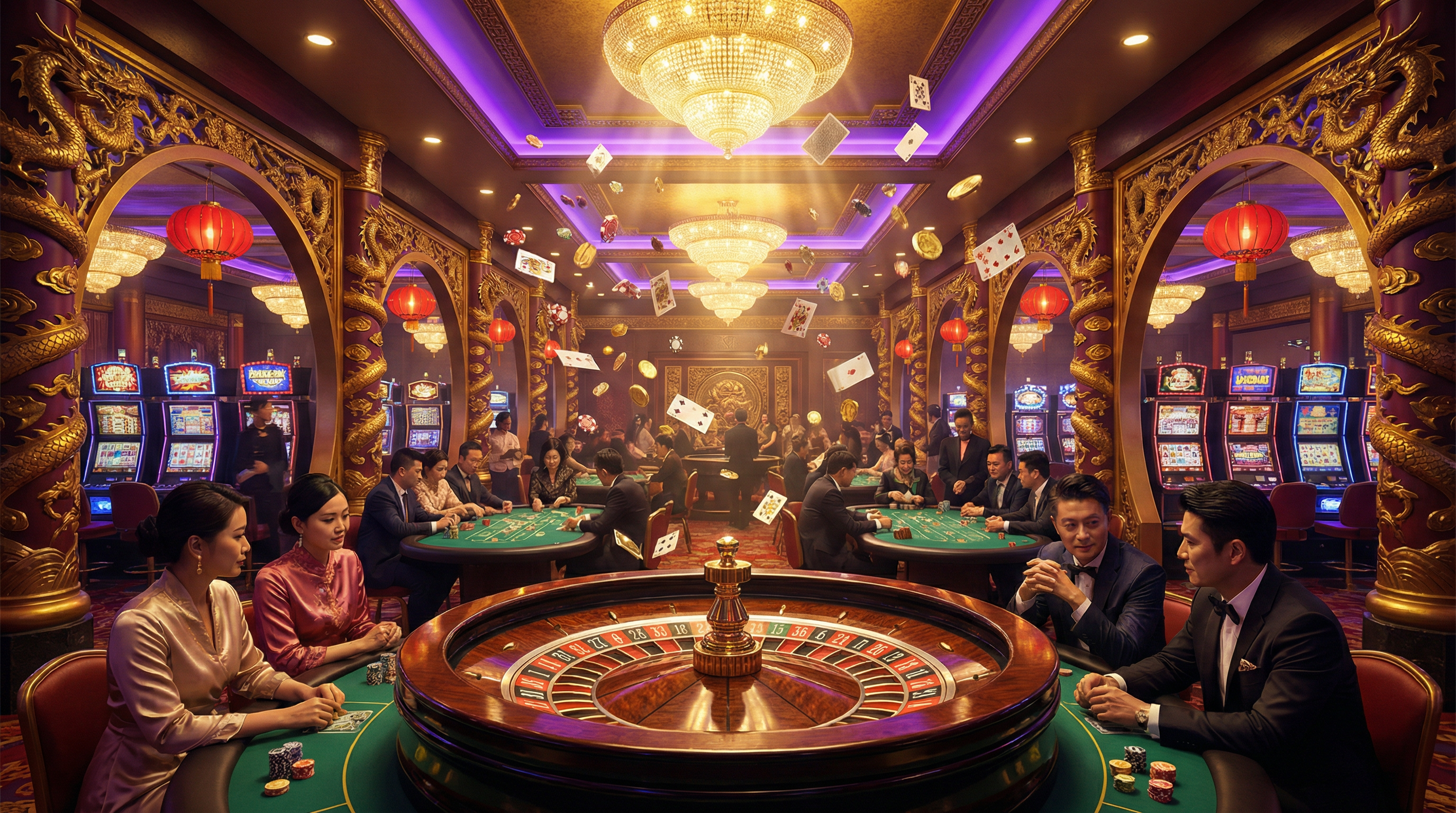 非凡娱乐豪华博彩大厅展示,包含轮盘、扑克桌和老虎机